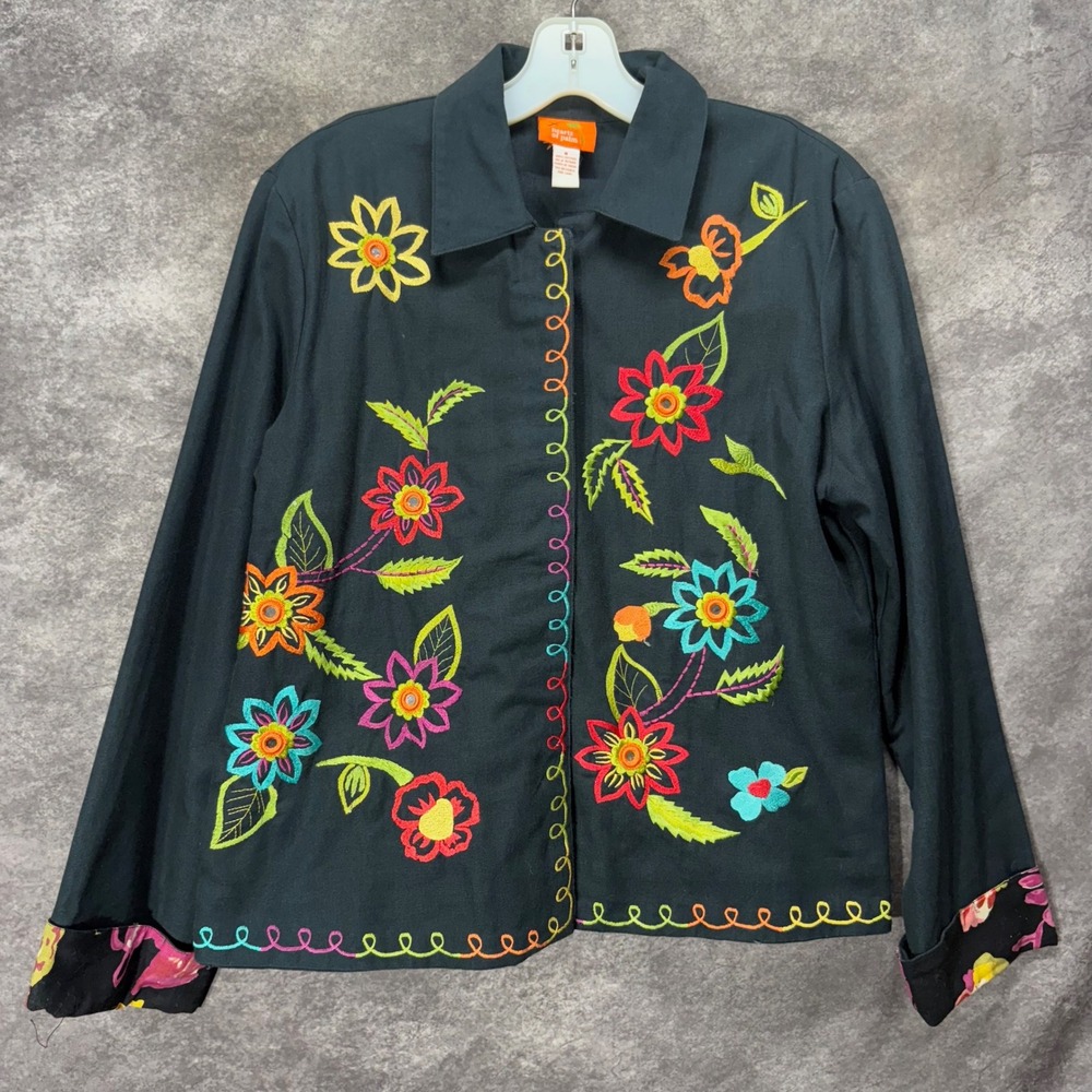 Hearts of Palm Black Floral Embroidered Folk Art to Wear Jacket Size 8 Boho